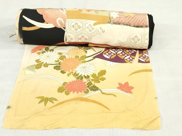 平和屋着物▼付下げ　解き反物　着尺　几帳草花文　暈し染め　黒地　八掛付き　逸品　DABH3780zy