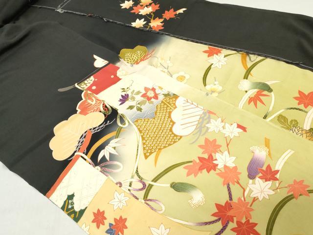 平和屋着物▼付下げ　解き反物　着尺　几帳草花文　暈し染め　黒地　八掛付き　逸品　DABH3780zy