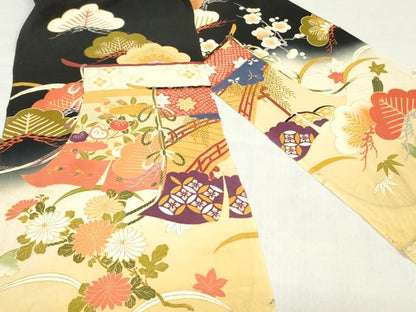平和屋着物▼付下げ　解き反物　着尺　几帳草花文　暈し染め　黒地　八掛付き　逸品　DABH3780zy