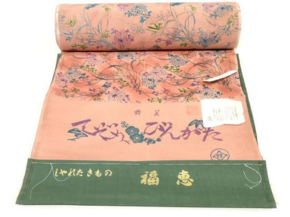 平和屋着物●小紋　反物　着尺　てぞめびんがた　作家物　舞菊文　鬼しぼ縮緬　上代28万円　逸品　未使用　DABH3805zy