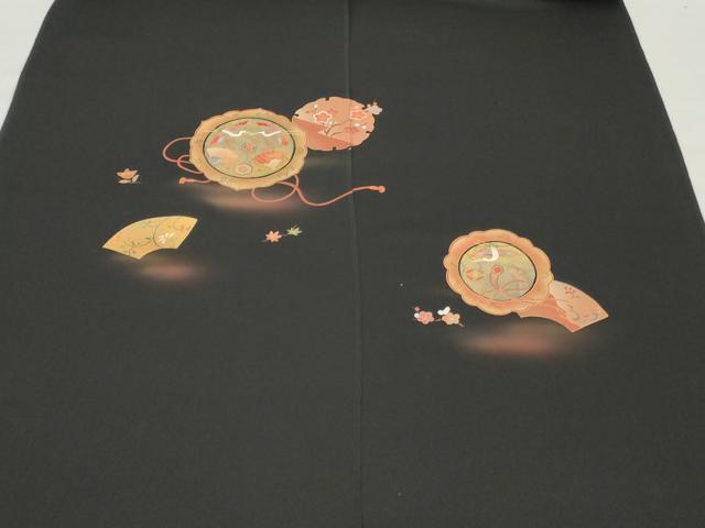 平和屋着物▼羽織・コート　反物　羽尺　刺繍　鏡裏飛鶴花文　金彩　暈し染め　黒地　逸品　未使用　DABH3895zy