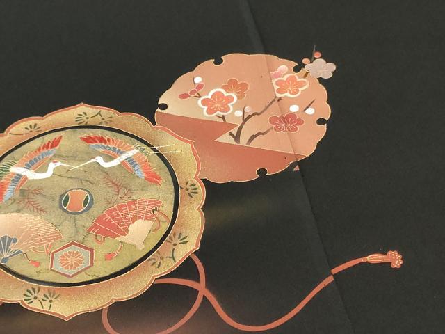 平和屋着物▼羽織・コート　反物　羽尺　刺繍　鏡裏飛鶴花文　金彩　暈し染め　黒地　逸品　未使用　DABH3895zy