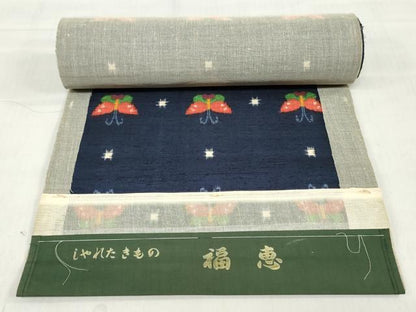 平和屋着物▼紬　反物　着尺　舞蝶文　逸品　未使用　DABH3903zy