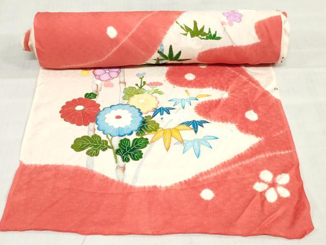 平和屋着物▼付下げ　解き反物　着尺　絞り　手描き　笹竹花文　金銀彩　逸品　DABH3938zy