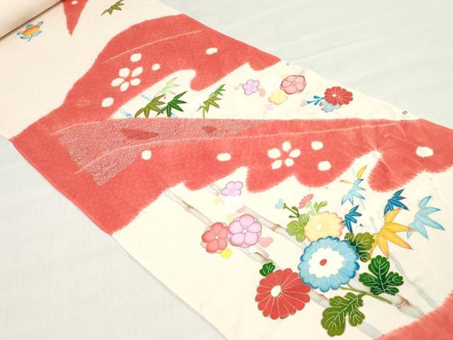 平和屋着物▼付下げ　解き反物　着尺　絞り　手描き　笹竹花文　金銀彩　逸品　DABH3938zy