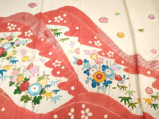 平和屋着物▼付下げ　解き反物　着尺　絞り　手描き　笹竹花文　金銀彩　逸品　DABH3938zy