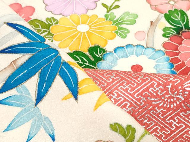 平和屋着物▼付下げ　解き反物　着尺　絞り　手描き　笹竹花文　金銀彩　逸品　DABH3938zy