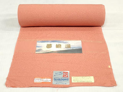 平和屋着物▼色無地　反物　着尺　霞地紋　珊瑚朱色　八掛付き　逸品　未使用　DABH3956zy