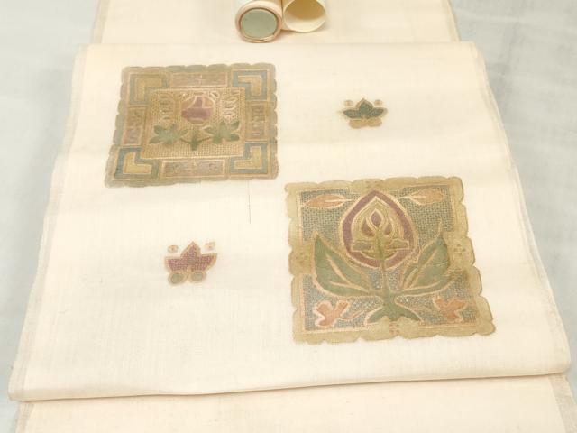 平和屋着物＊夏物　中国三大刺繍　スワトウ刺繍　汕頭刺繍　総刺繍　名古屋帯　反物　草花文　金彩　逸品　未使用　DABH3985zy