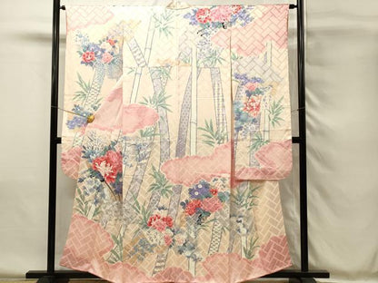 平和屋着物■豪華振袖　駒刺繍　絞り　笹竹牡丹文　銀彩　正絹　逸品　DABH4078qp