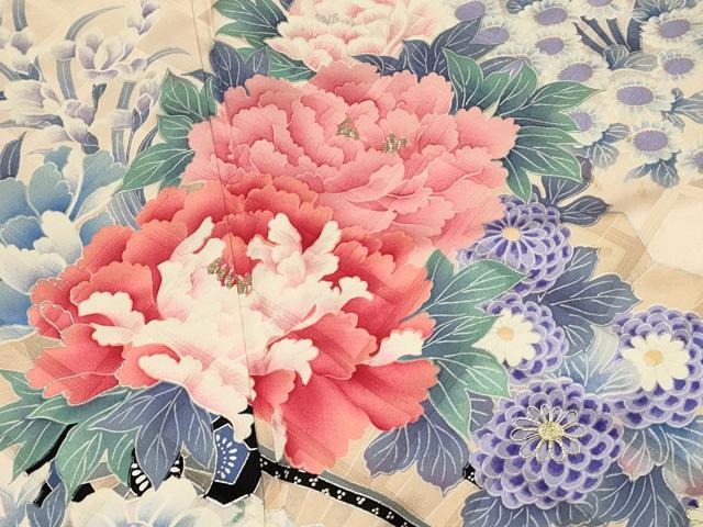 平和屋着物■豪華振袖　駒刺繍　絞り　笹竹牡丹文　銀彩　正絹　逸品　DABH4078qp
