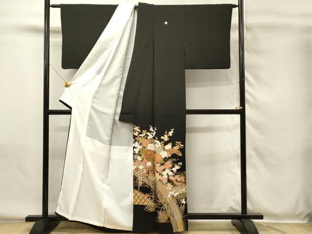 平和屋着物■豪華黒留袖　駒刺繍　渡橋花車文　枝梅　金彩　正絹　逸品　DABH4101qp