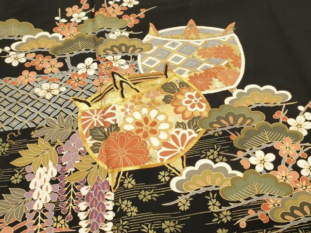平和屋着物■豪華黒留袖　駒刺繍　糸車花松文　金彩　正絹　逸品　DABH4117qp