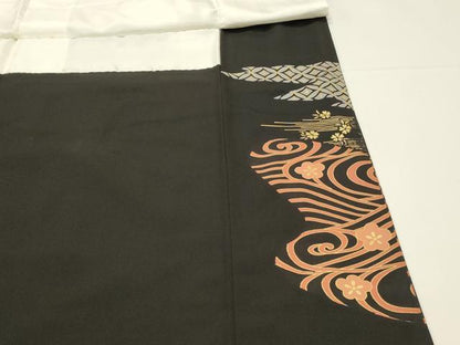 平和屋着物■豪華黒留袖　駒刺繍　糸車花松文　金彩　正絹　逸品　DABH4117qp