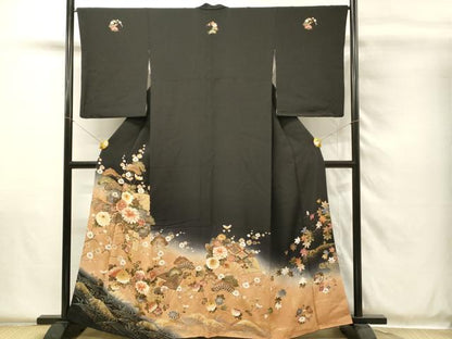 平和屋着物■豪華黒留袖　扇面花松文　暈し染め　金彩　正絹　逸品　DABH4136qp