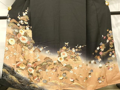 平和屋着物■豪華黒留袖　扇面花松文　暈し染め　金彩　正絹　逸品　DABH4136qp