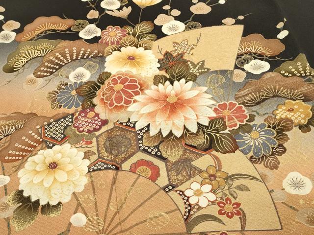 平和屋着物■豪華黒留袖　扇面花松文　暈し染め　金彩　正絹　逸品　DABH4136qp