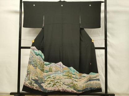 平和屋着物■豪華黒留袖　友禅　作家物　遠山樹林文　正絹　逸品　DABH4141qp