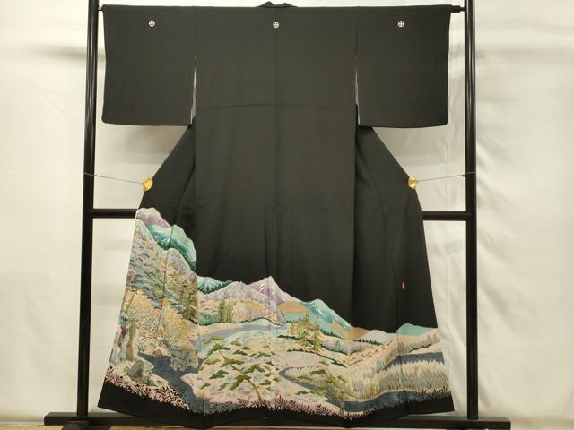 平和屋着物■豪華黒留袖　友禅　作家物　遠山樹林文　正絹　逸品　DABH4141qp
