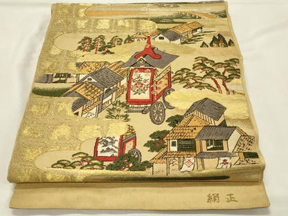 平和屋着物◎アンティーク　大正ロマン　六通柄　本京袋帯　風景山車文　絹正　金糸　正絹　逸品　DABH4157qp