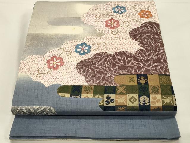 平和屋着物◎太鼓柄袋帯　紬地　絞り　刺繍　花唐草文　切嵌　金糸　正絹　逸品　DABH4167qp