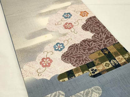 平和屋着物◎太鼓柄袋帯　紬地　絞り　刺繍　花唐草文　切嵌　金糸　正絹　逸品　DABH4167qp