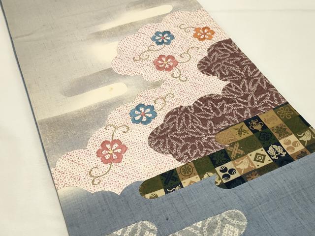 平和屋着物◎太鼓柄袋帯　紬地　絞り　刺繍　花唐草文　切嵌　金糸　正絹　逸品　DABH4167qp