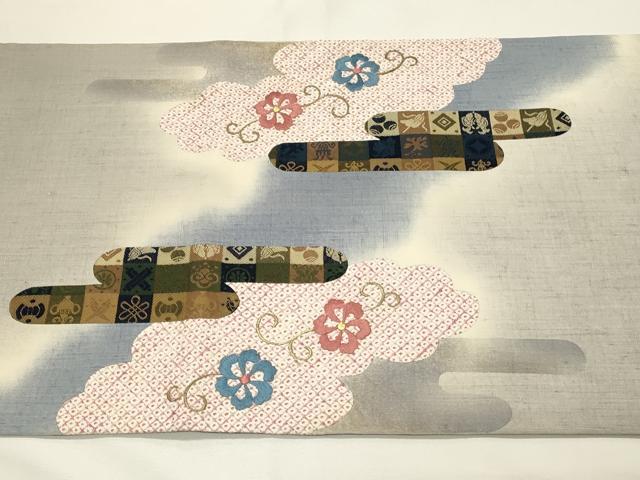平和屋着物◎太鼓柄袋帯　紬地　絞り　刺繍　花唐草文　切嵌　金糸　正絹　逸品　DABH4167qp
