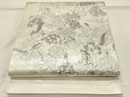 平和屋着物◎太鼓柄袋帯　ふくれ織　三十六歌仙屏風図　銀糸　正絹　逸品　DABH4178qp