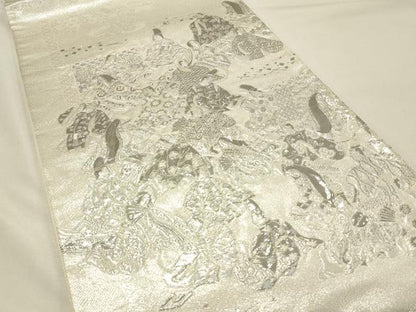 平和屋着物◎太鼓柄袋帯　ふくれ織　三十六歌仙屏風図　銀糸　正絹　逸品　DABH4178qp