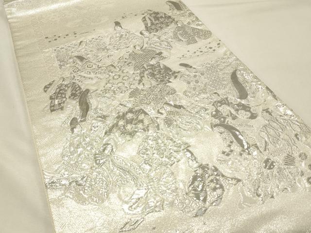 平和屋着物◎太鼓柄袋帯　ふくれ織　三十六歌仙屏風図　銀糸　正絹　逸品　DABH4178qp
