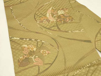平和屋着物◎八寸名古屋帯　ふくれ織　草花文　正絹　逸品　DABH4186qp