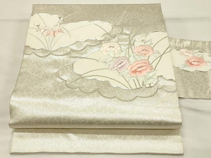 平和屋着物◎九寸名古屋帯　総刺繍　駒刺繍　雲取り草花文　銀糸　正絹　逸品　DABH4188qp
