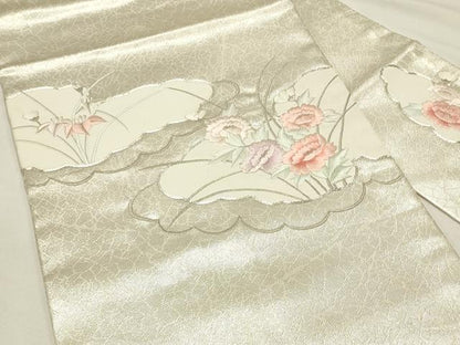 平和屋着物◎九寸名古屋帯　総刺繍　駒刺繍　雲取り草花文　銀糸　正絹　逸品　DABH4188qp