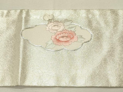 平和屋着物◎九寸名古屋帯　総刺繍　駒刺繍　雲取り草花文　銀糸　正絹　逸品　DABH4188qp