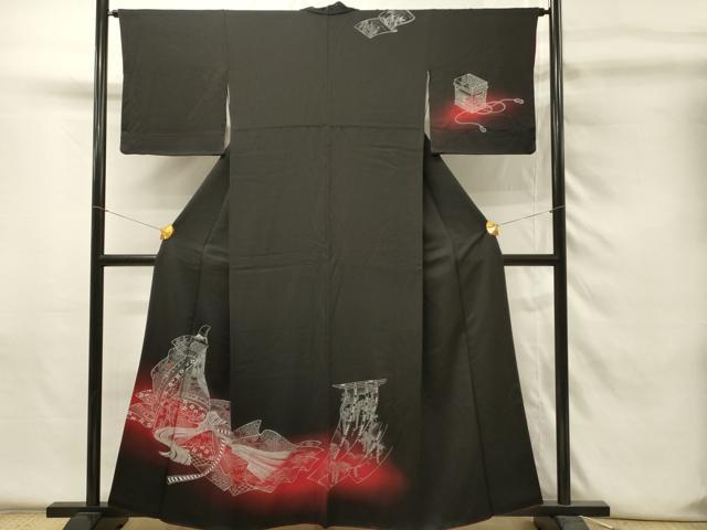 平和屋着物■訪問着　刺繍　女人花文　暈し染め　黒地　銀彩　正絹　逸品　DABH4252qp