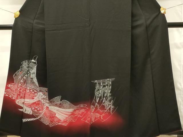 平和屋着物■訪問着　刺繍　女人花文　暈し染め　黒地　銀彩　正絹　逸品　DABH4252qp