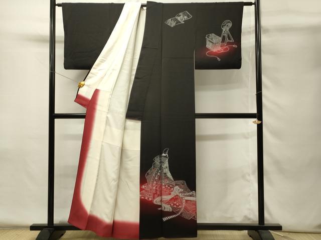 平和屋着物■訪問着　刺繍　女人花文　暈し染め　黒地　銀彩　正絹　逸品　DABH4252qp