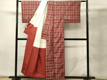平和屋着物■上質な紬　格子文　正絹　逸品　DABH4257qp