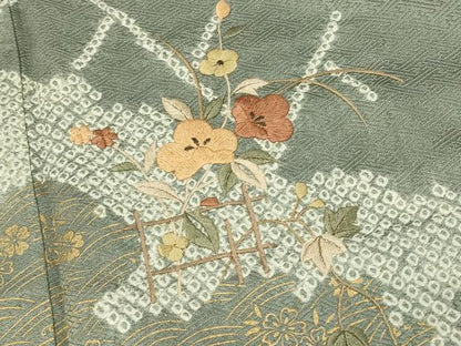 平和屋着物■訪問着　絞り　刺繍　草花文　金彩　正絹　逸品　DABH4263qp