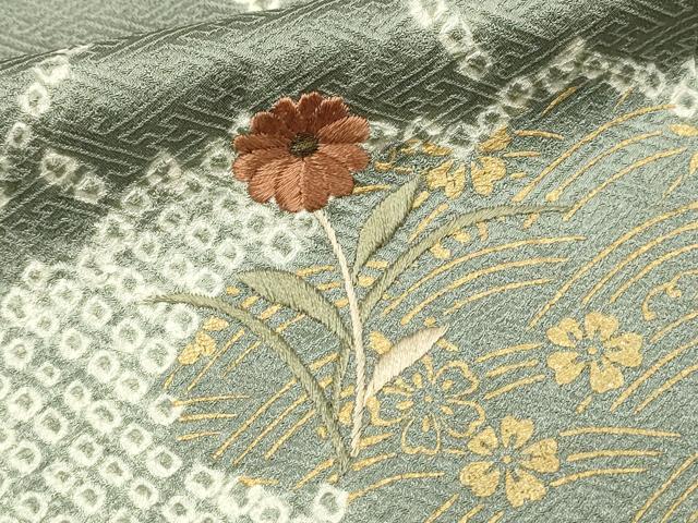 平和屋着物■訪問着　絞り　刺繍　草花文　金彩　正絹　逸品　DABH4263qp