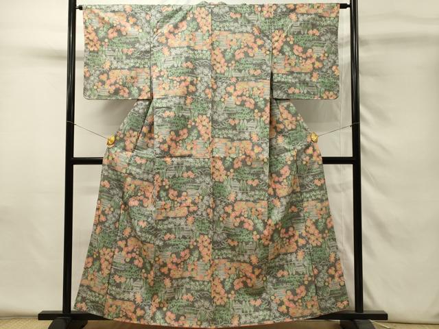平和屋着物■上質な紬　9マルキ　風景花文　正絹　逸品　DABH4271qp