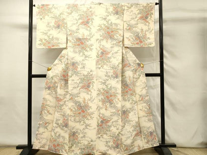 平和屋着物■上質な小紋　作家物　本草木染　花車牡丹文　鬼しぼ縮緬　正絹　逸品　DABH4282qp
