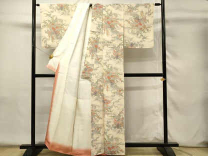 平和屋着物■上質な小紋　作家物　本草木染　花車牡丹文　鬼しぼ縮緬　正絹　逸品　DABH4282qp