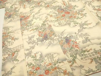 平和屋着物■上質な小紋　作家物　本草木染　花車牡丹文　鬼しぼ縮緬　正絹　逸品　DABH4282qp