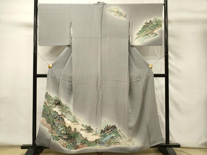 平和屋着物■訪問着　手描き　遠山風景文　暈し染め　金彩　正絹　逸品　DABH4290qp