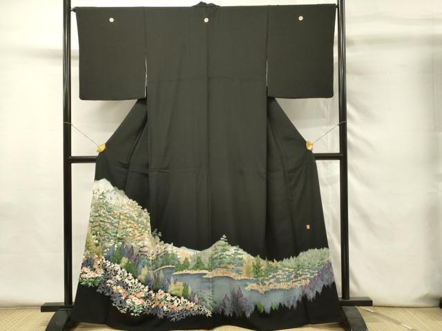平和屋着物■豪華黒留袖　友禅　作家物　樹林花文　正絹　逸品　DABH4292qp