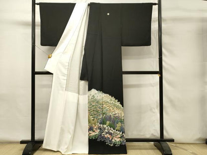 平和屋着物■豪華黒留袖　友禅　作家物　樹林花文　正絹　逸品　DABH4292qp