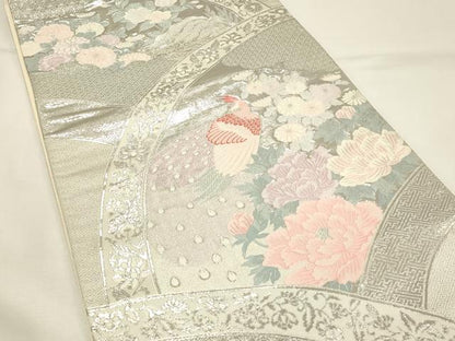 平和屋着物◎六通柄袋帯　唐織　孔雀花文　九百錦プラチナ箔　正絹　逸品　DABH4327qp