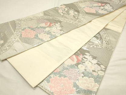平和屋着物◎六通柄袋帯　唐織　孔雀花文　九百錦プラチナ箔　正絹　逸品　DABH4327qp